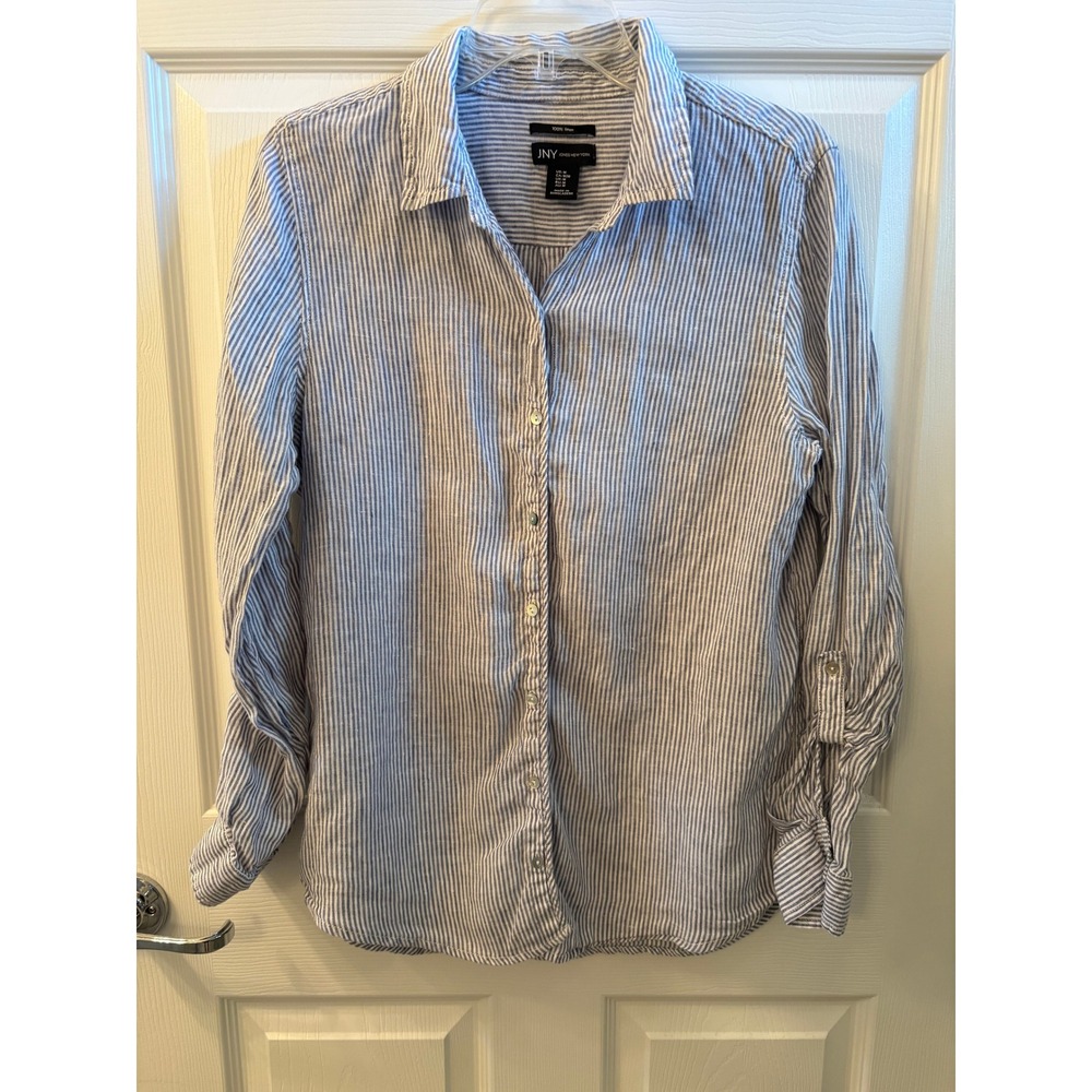 Jones New York JNY Coastal Linen Button Up Pin Stripe Blouse Women's Size Medium
